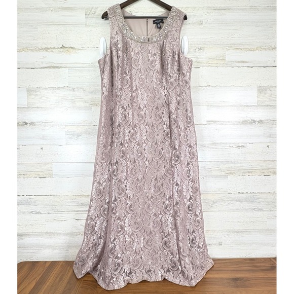 R&M Richards 22W Glitter Evening Dress Gown Pink Lace Sequin Beaded Formal - Picture 1 of 16